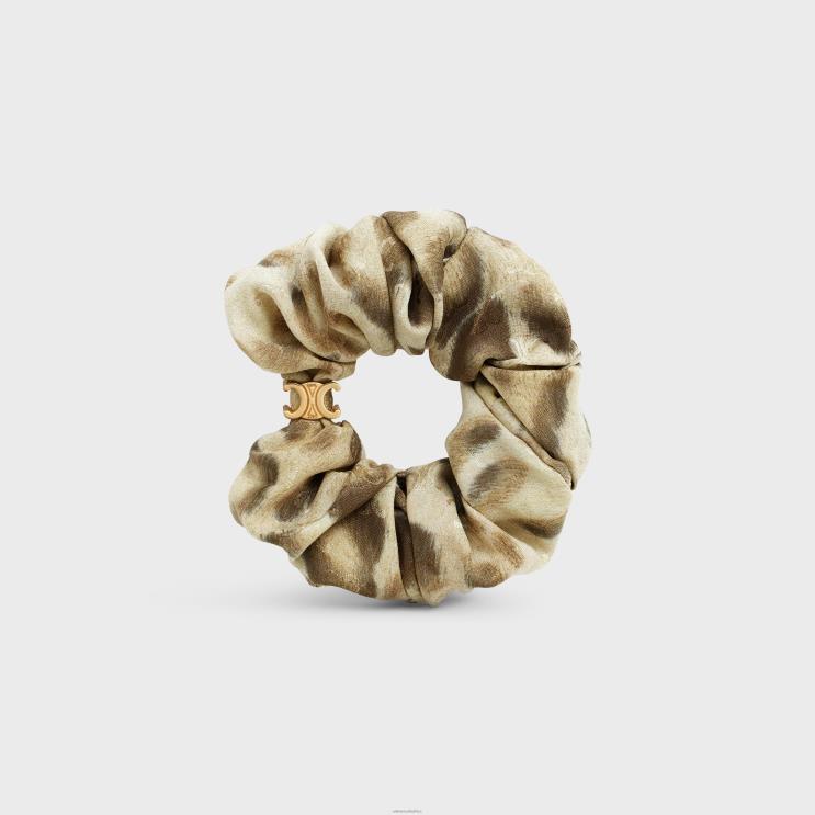 CELINE Beige/Gold Scrunchy Leopard in Silk & Brass With Gold Finish R0ZNN1235