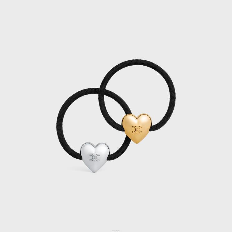 CELINE Black/Gold/Silver Coeur Triomphe Set of Elastic Bands in Brass With Gold & Rhodium Finish, Nylon & Rubber R0ZNN1055