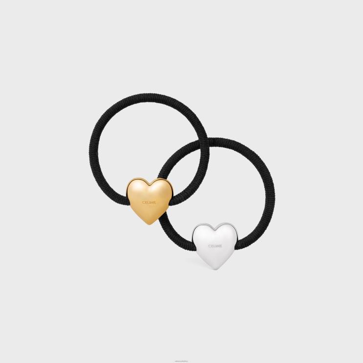 CELINE Black/Gold/Silver Coeur Triomphe Set of Elastic Bands in Brass With Gold & Rhodium Finish, Nylon & Rubber R0ZNN1055