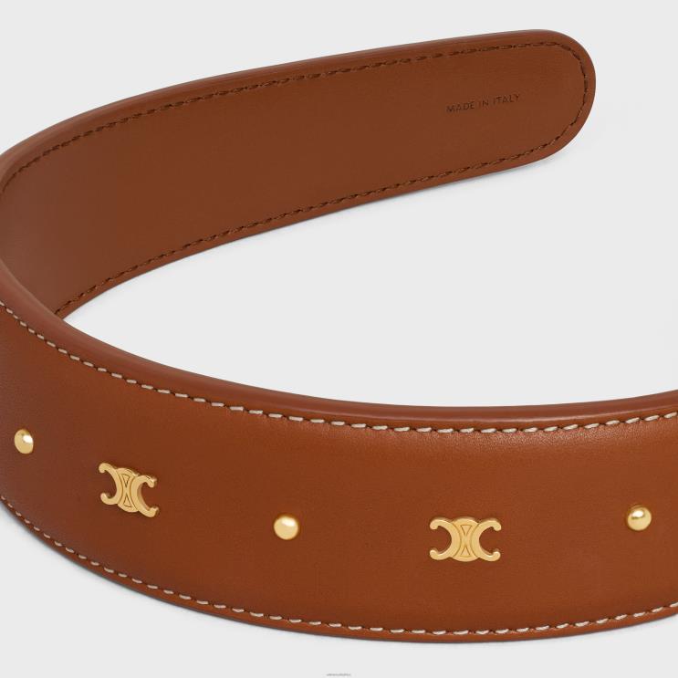 CELINE Tan/Gold Triomphe Headband in Calfskin & Brass With Gold Finish R0ZNN1246