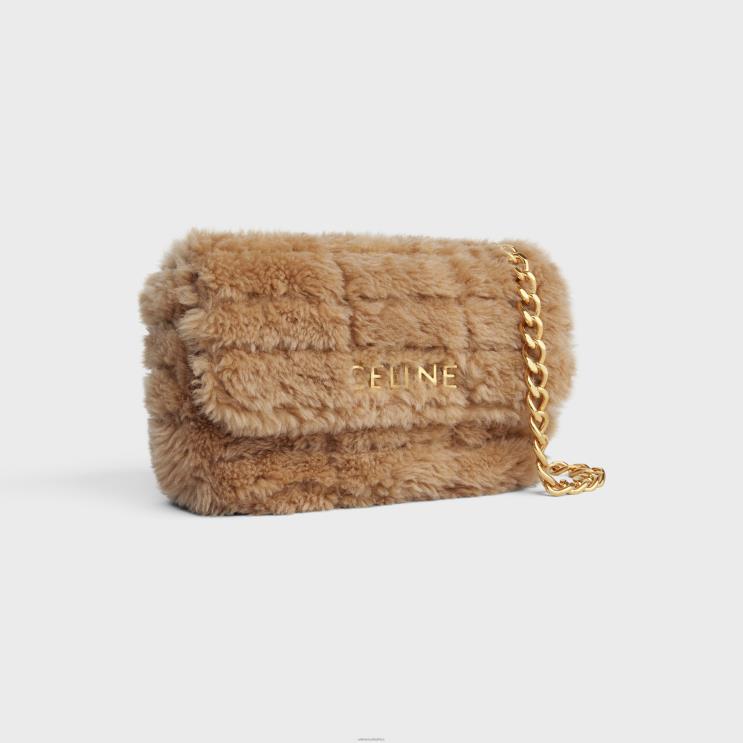 CELINE Beige Chain Shoulder Bag Matelasse Monochrome in Quilted Shearling R0ZNN285