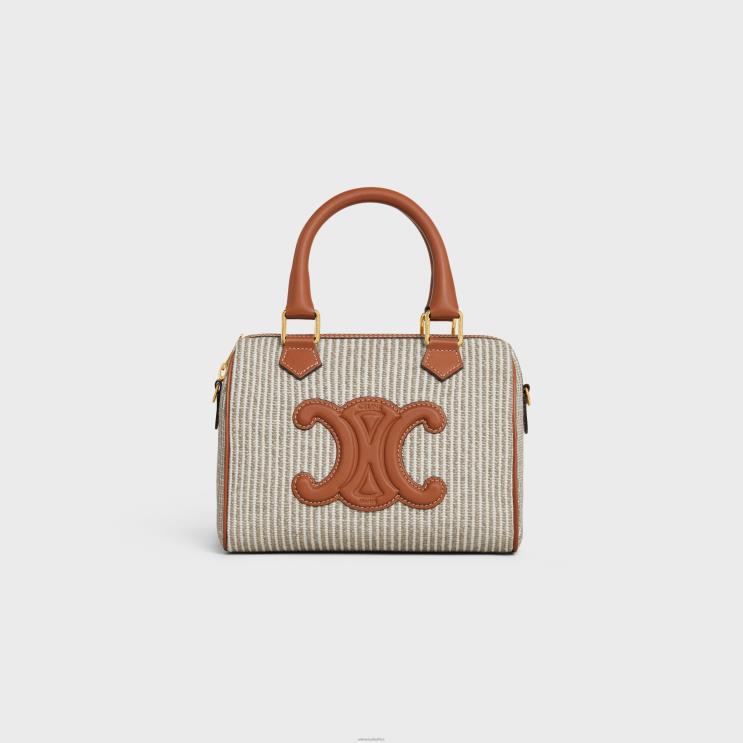 CELINE Beige Small Boston Cuir Triomphe in Striped Textile & Calfskin R0ZNN208