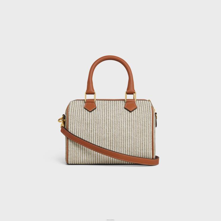 CELINE Beige Small Boston Cuir Triomphe in Striped Textile & Calfskin R0ZNN208