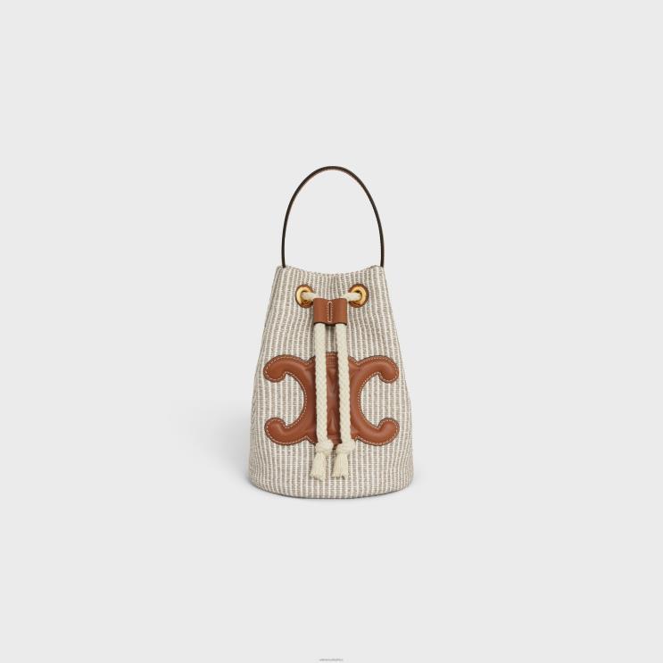 CELINE Beige Teen Drawstring in Striped Textile & Calfskin R0ZNN204