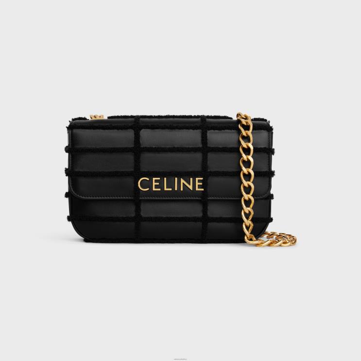 CELINE Black Chain Shoulder Bag Matelasse Monochrome in Quilted Calfskin With Bouclette Embroidery R0ZNN283