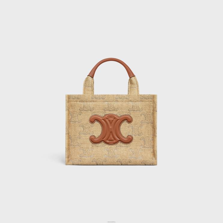 CELINE Natural/Silver Small Cabas Thais in Raffia Effect Textile With Triomphe Jacquard R0ZNN248