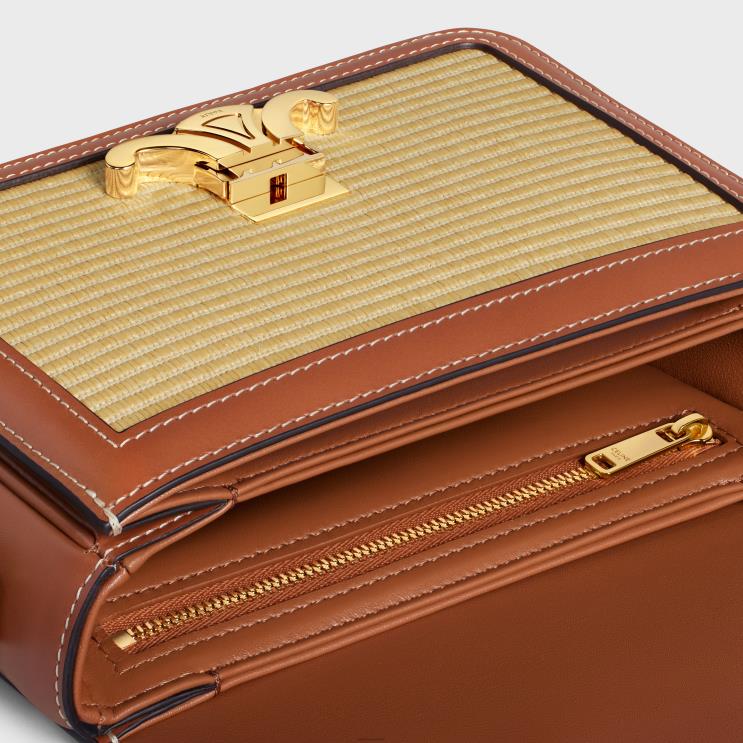 CELINE Natural/Tan Teen Triomphe Bag in Raffia Effect Textile & Calfskin R0ZNN2