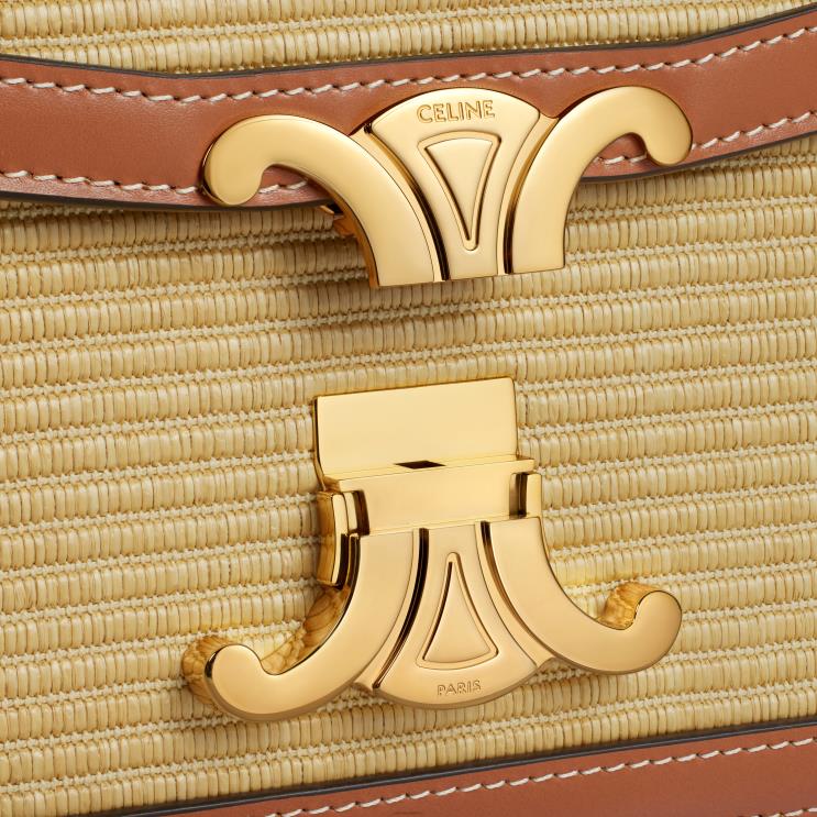 CELINE Natural/Tan Teen Triomphe Bag in Raffia Effect Textile & Calfskin R0ZNN2