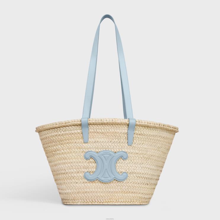 CELINE Pale Blue Medium Classic Panier in Palm Leaves & Calfskin R0ZNN25