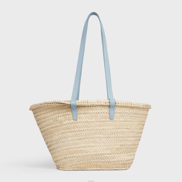 CELINE Pale Blue Medium Classic Panier in Palm Leaves & Calfskin R0ZNN25