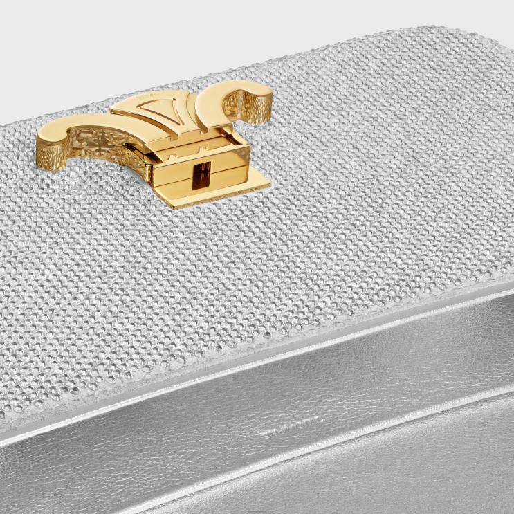 CELINE Silver Chain Shoulder Bag Claude in Suede Calfskin With Strass R0ZNN186