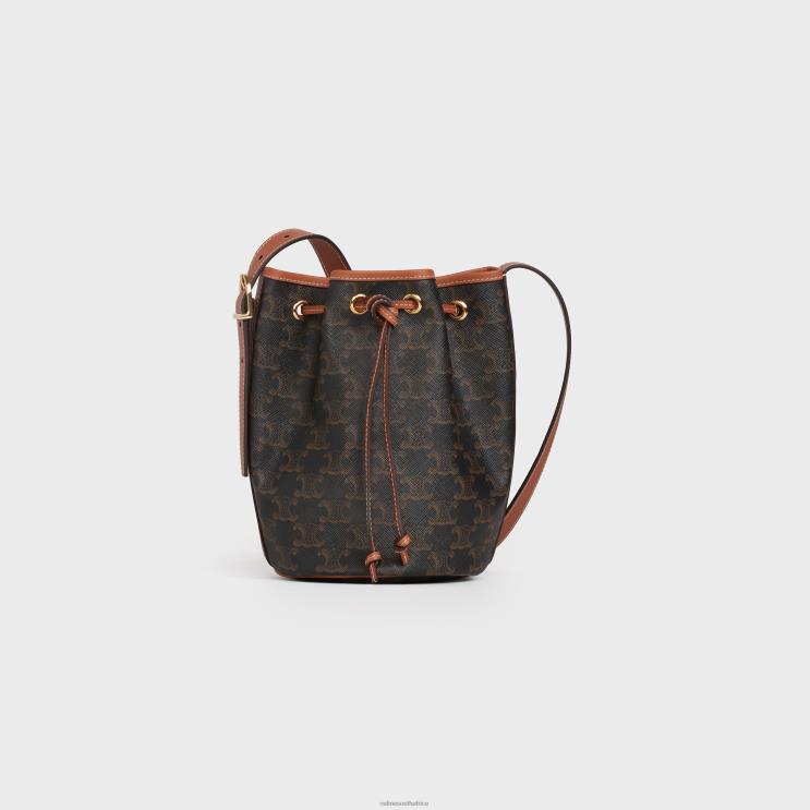 CELINE Tan Small Drawstring Bag in Triomphe Canvas & Calfskin R0ZNN234