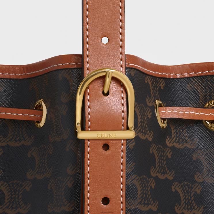 CELINE Tan Small Drawstring Bag in Triomphe Canvas & Calfskin R0ZNN234