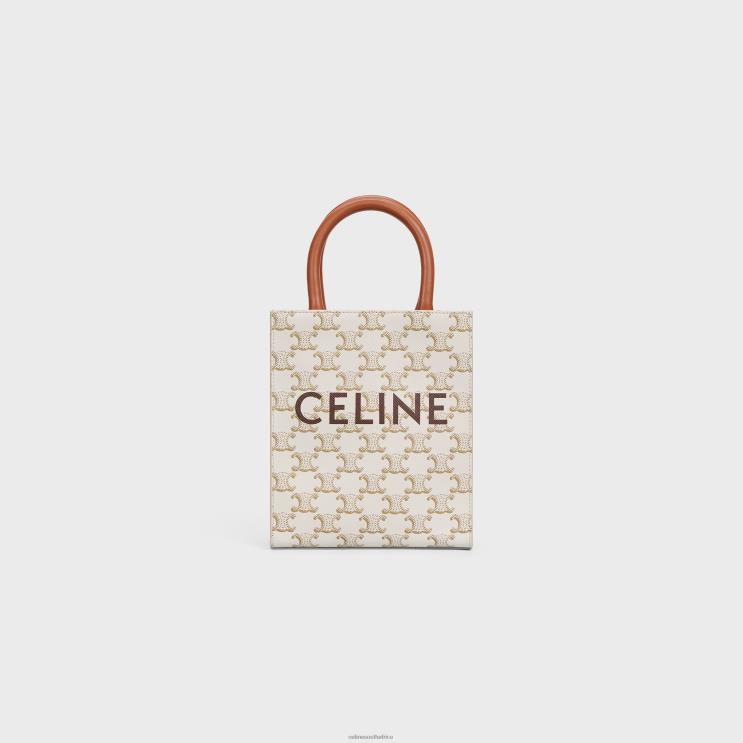 CELINE White Mini Vertical Cabas in Triomphe Canvas & Calfskin With Print R0ZNN239