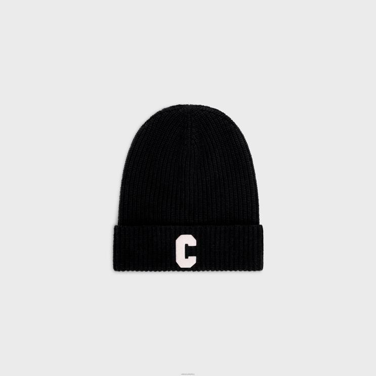 CELINE Black Initial Beanie in Ribbed Wool R0ZNN2235