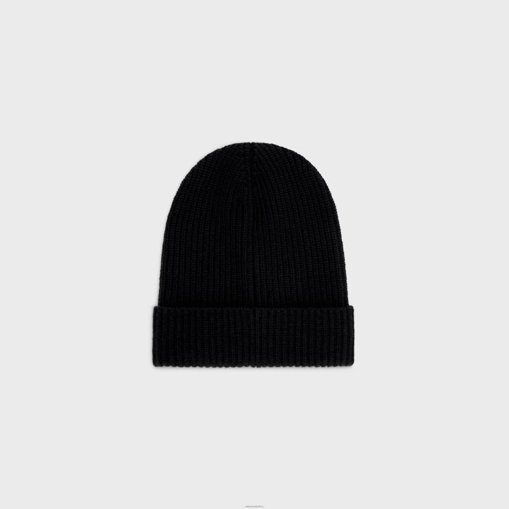 CELINE Black Initial Beanie in Ribbed Wool R0ZNN2235