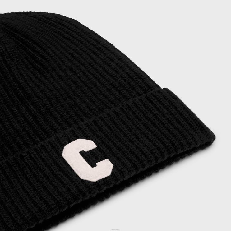 CELINE Black Initial Beanie in Ribbed Wool R0ZNN2235