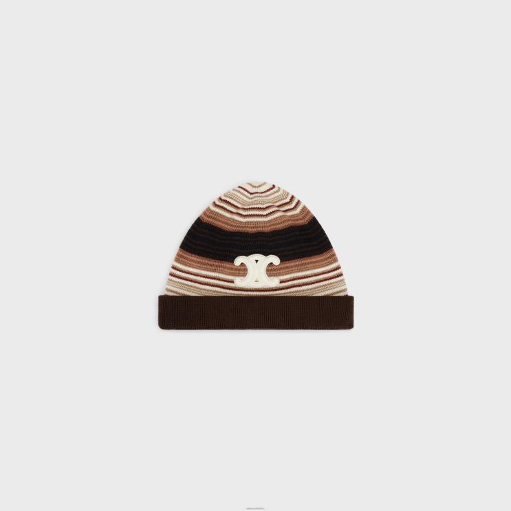 CELINE Light Brown Triomphe Beanie in Striped Wool R0ZNN1053