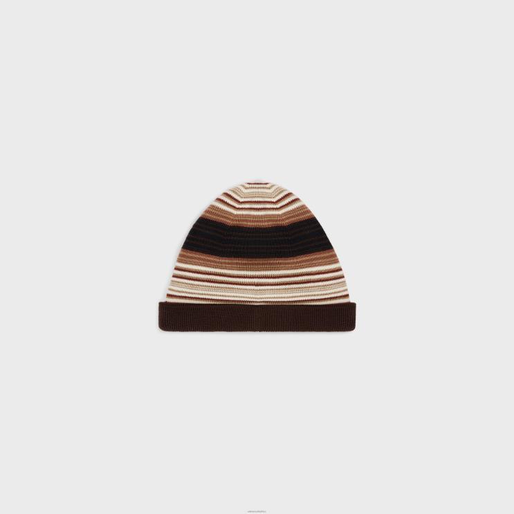 CELINE Light Brown Triomphe Beanie in Striped Wool R0ZNN1053
