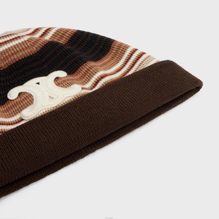 CELINE Light Brown Triomphe Beanie in Striped Wool R0ZNN1053