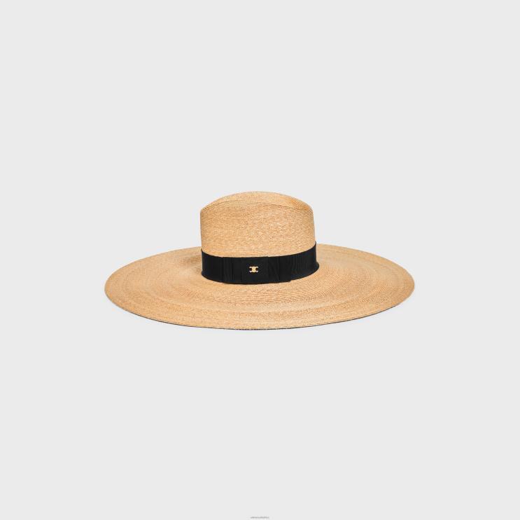 CELINE Natural/Black Wide-Brimmed Triomphe Hat in Straw R0ZNN1224