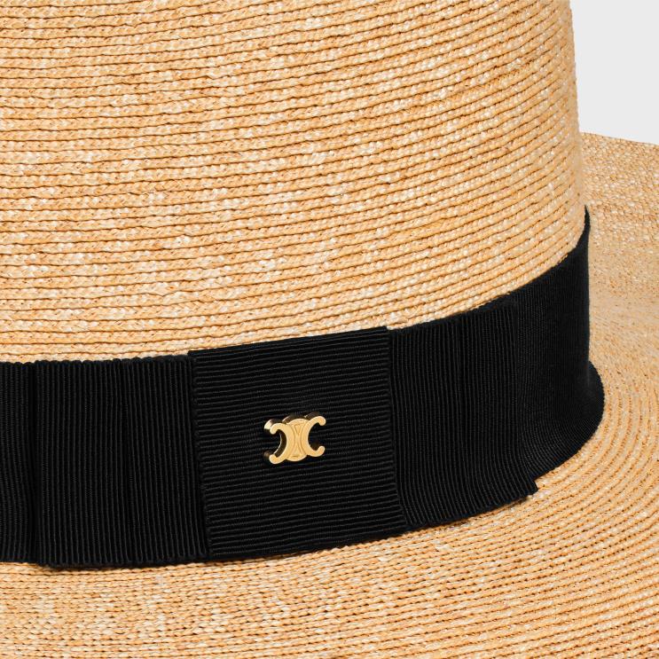 CELINE Natural/Black Wide-Brimmed Triomphe Hat in Straw R0ZNN1224
