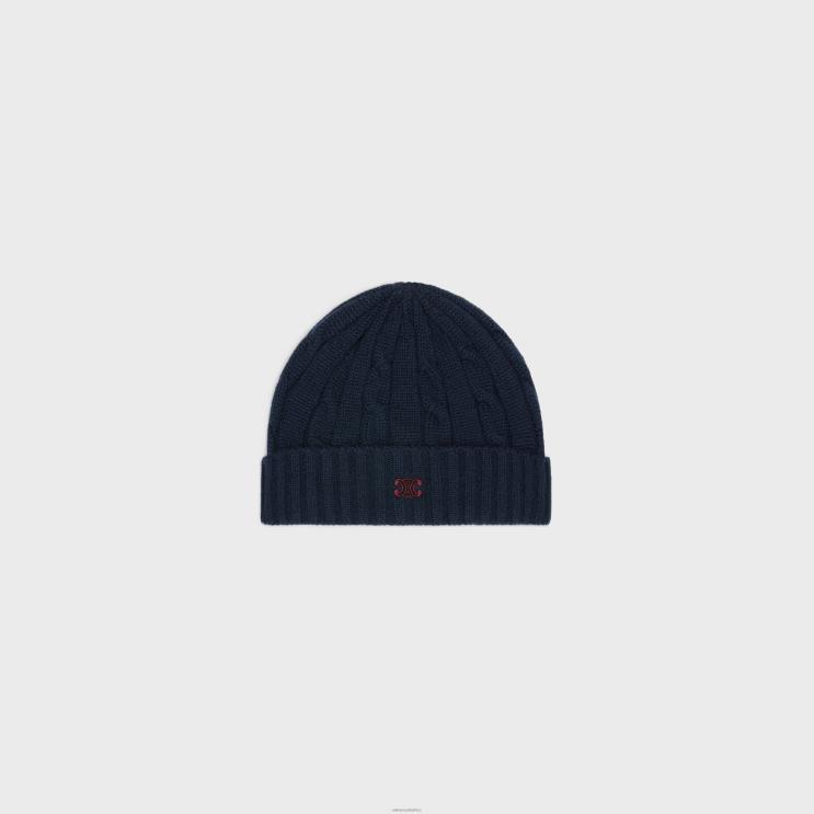 CELINE Navy Cable-Knit Triomphe Beanie in Cashmere R0ZNN1179