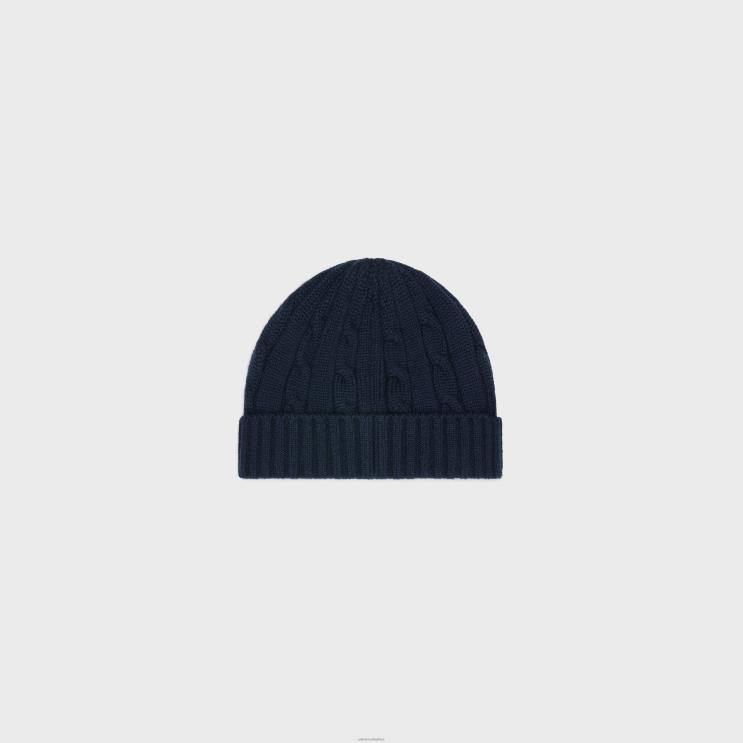 CELINE Navy Cable-Knit Triomphe Beanie in Cashmere R0ZNN1179