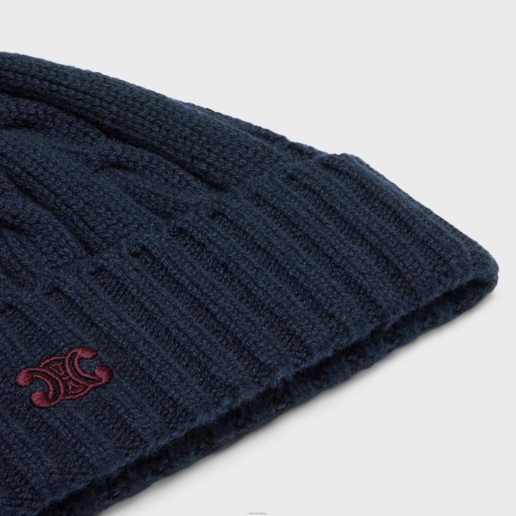 CELINE Navy Cable-Knit Triomphe Beanie in Cashmere R0ZNN1179