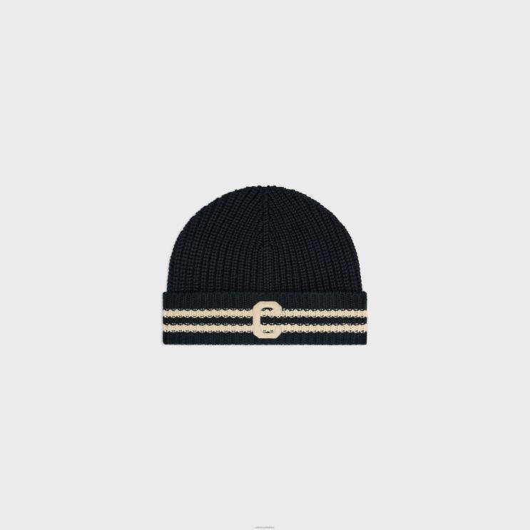 CELINE Navy/Ecru Initial Beanie in Cotton R0ZNN2174