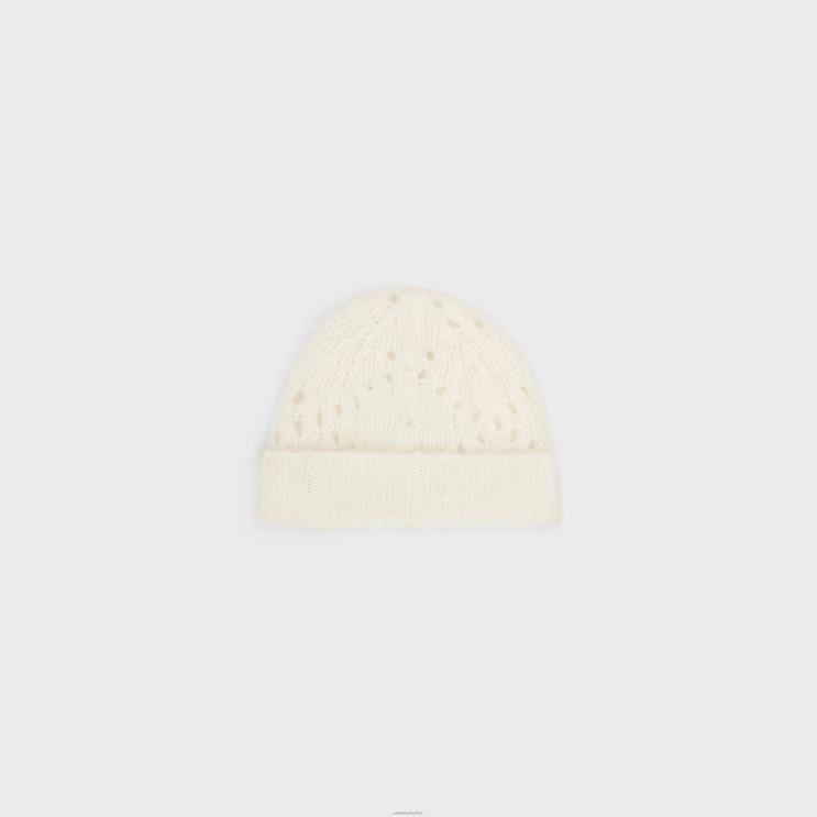 CELINE Off White Beanie in Fair Isle Alpaca Wool Pointelle R0ZNN1174