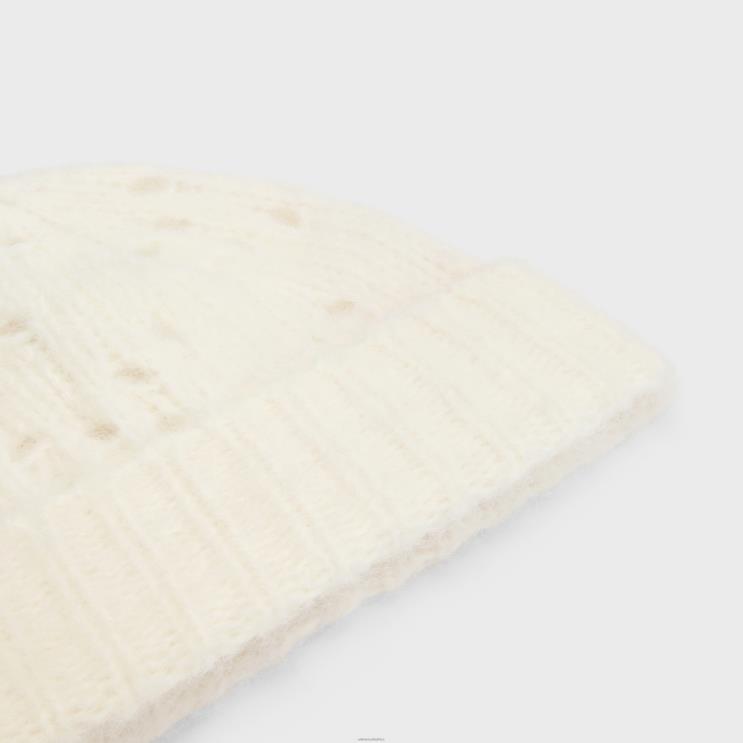 CELINE Off White Beanie in Fair Isle Alpaca Wool Pointelle R0ZNN1174