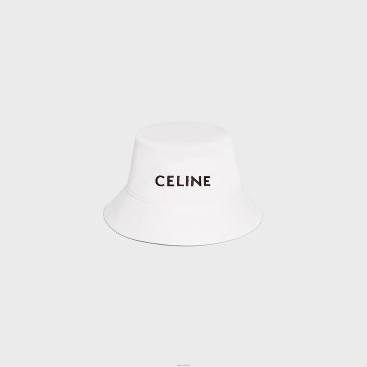 CELINE Off White Embroidered Bucket Hat in Cotton Gabardine R0ZNN2252