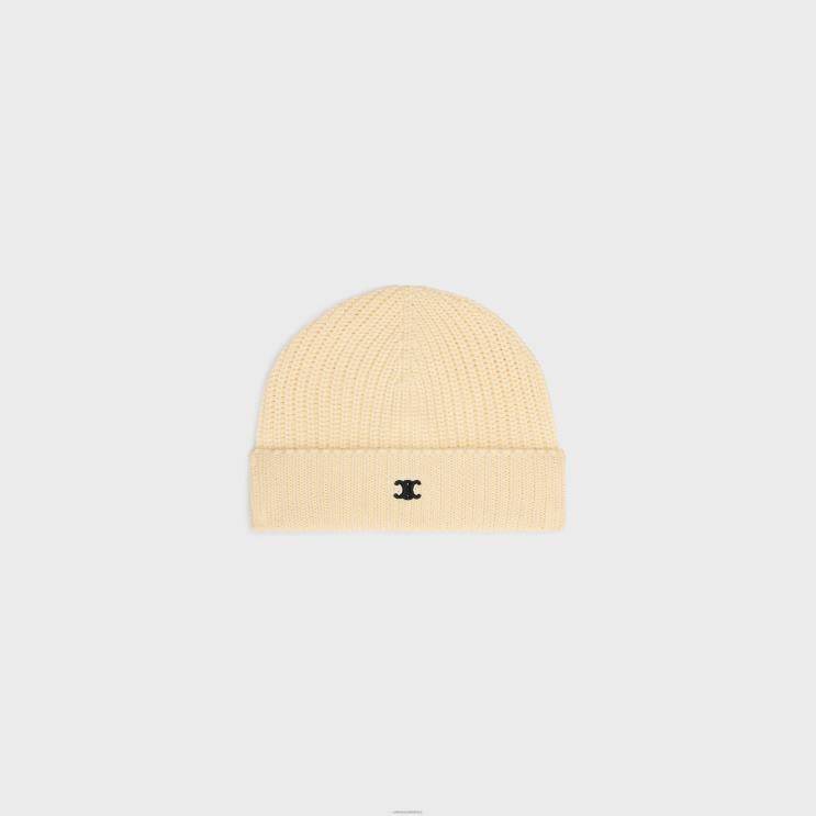 CELINE Off White Triomphe Beanie in Cotton R0ZNN2176