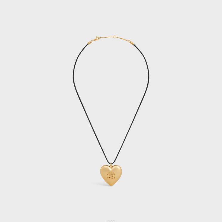 CELINE Gold/Black Coeur Triomphe Necklace in Brass With Gold Finish & Cotton R0ZNN1255