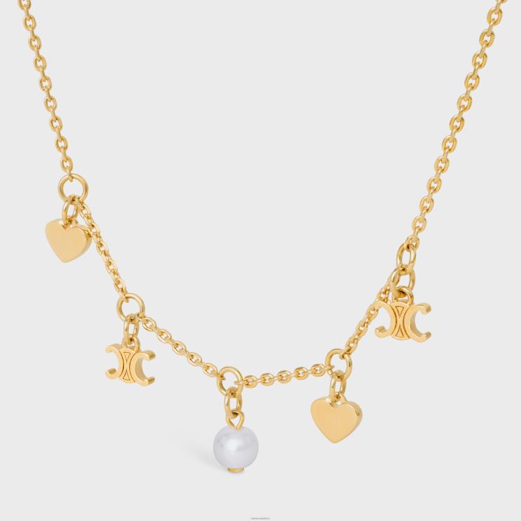 CELINE Gold/Ivory Coeur Charms Necklace in Brass With Gold Finish & Resin Pearl R0ZNN1356