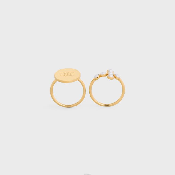 CELINE Gold/Ivory Triomphe Folk Set of 2 Rings in Brass With Gold Finish & Resin Pearls R0ZNN1377