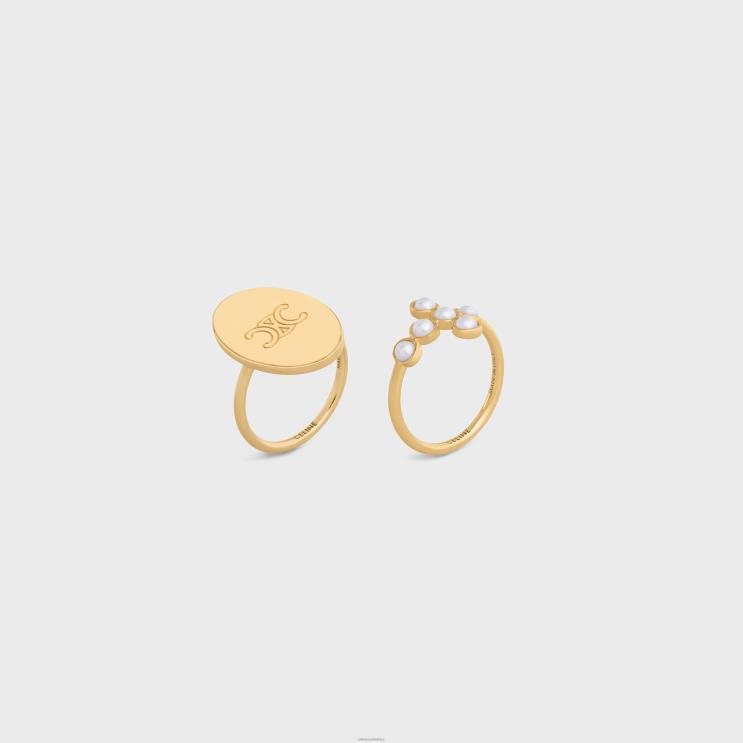 CELINE Gold/Ivory Triomphe Folk Set of 2 Rings in Brass With Gold Finish & Resin Pearls R0ZNN1377