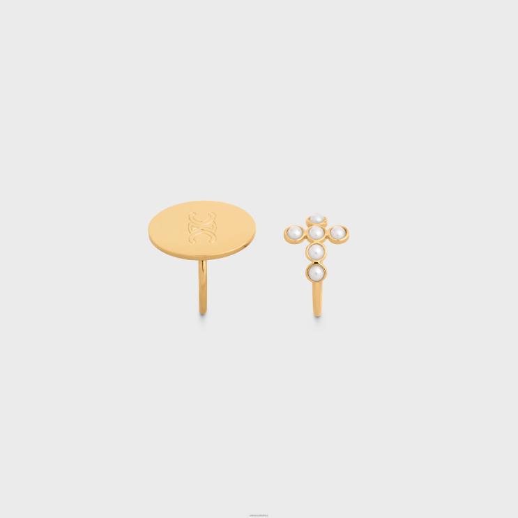 CELINE Gold/Ivory Triomphe Folk Set of 2 Rings in Brass With Gold Finish & Resin Pearls R0ZNN1377