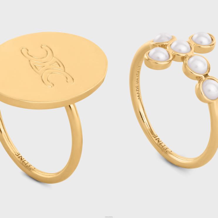 CELINE Gold/Ivory Triomphe Folk Set of 2 Rings in Brass With Gold Finish & Resin Pearls R0ZNN1377