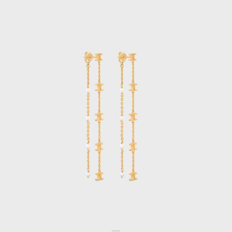 CELINE Gold/Ivory Triomphe Long Pearl Earrings in Brass With Gold Finish & Resin Pearls R0ZNN1283
