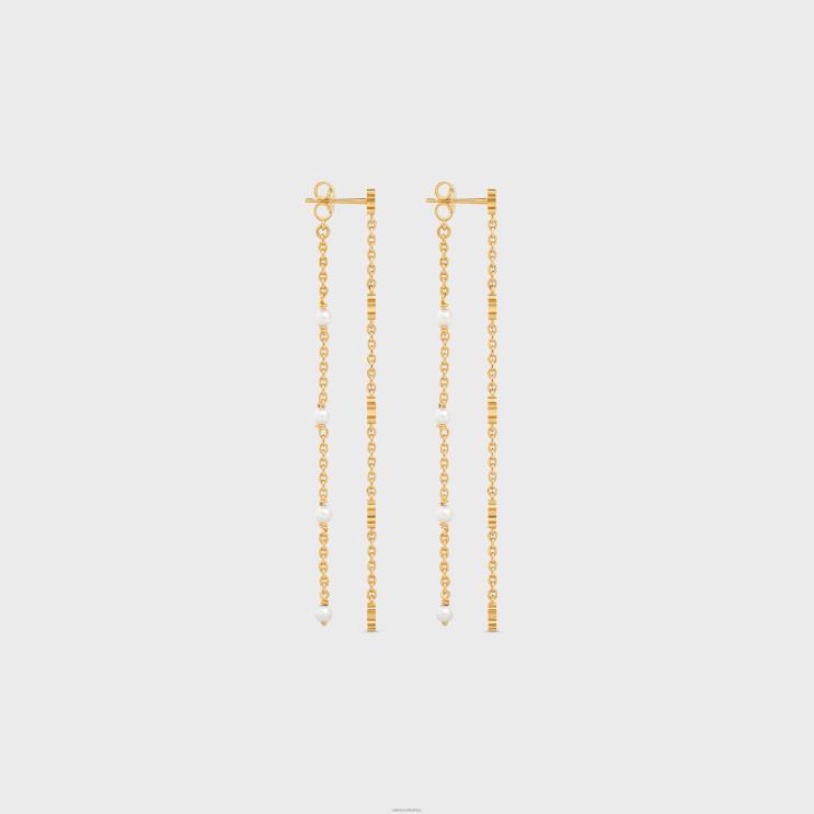 CELINE Gold/Ivory Triomphe Long Pearl Earrings in Brass With Gold Finish & Resin Pearls R0ZNN1283