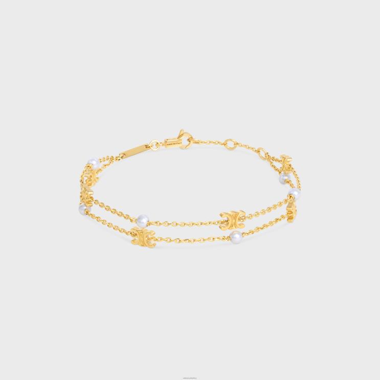 CELINE Gold/Ivory Triomphe Pearl Double Bracelet in Brass With Gold Finish & Resin Pearls R0ZNN1282