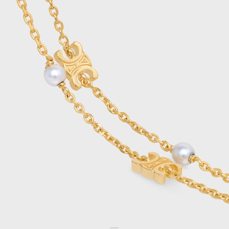 CELINE Gold/Ivory Triomphe Pearl Double Bracelet in Brass With Gold Finish & Resin Pearls R0ZNN1282