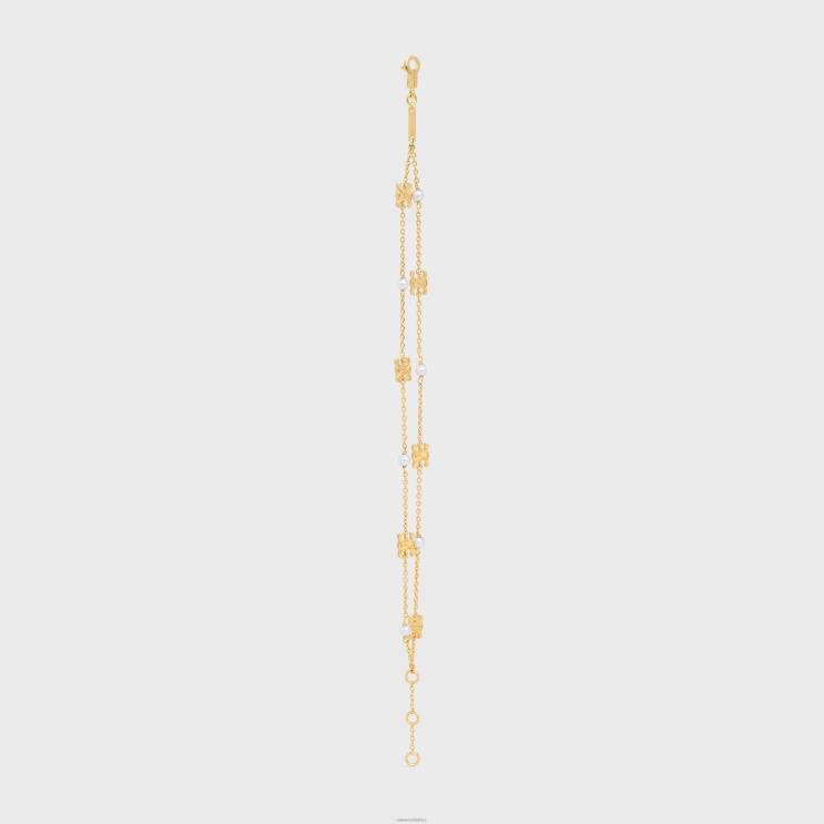 CELINE Gold/Ivory Triomphe Pearl Double Bracelet in Brass With Gold Finish & Resin Pearls R0ZNN1282