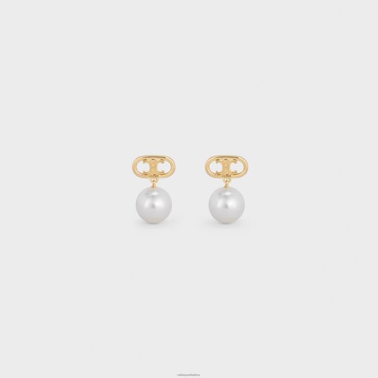 CELINE Gold/Ivory Triomphe Pearl Earrings in Brass With Gold Finish & Glass Pearls R0ZNN1272