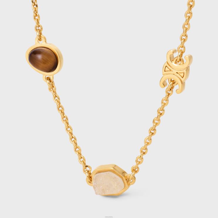 CELINE Gold & Multicolour Triomphe Indie Bracelet in Brass With Finish, Rutilated Quartz, Pink Quartz Tiger Eye R0ZNN1287