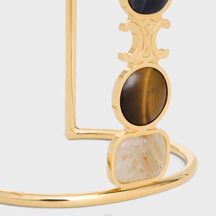 CELINE Gold & Multicolour Triomphe Indie Cuff in Brass With Finish, Rutilated Quartz, Tiger Eye Hawk Eye R0ZNN1285