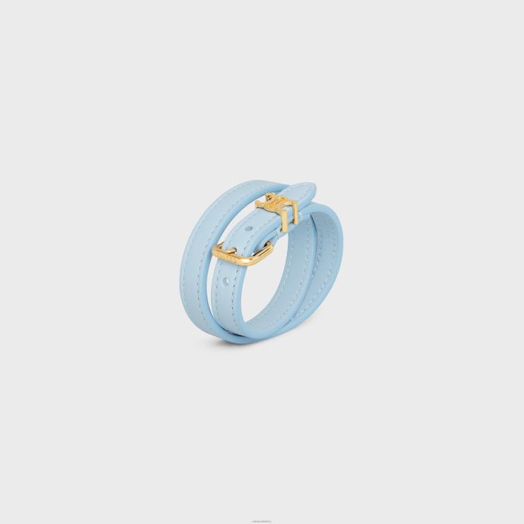 CELINE Gold/Pale Blue Les Cuirs Double Bracelet in Calfskin & Brass With Gold Finish R0ZNN1269