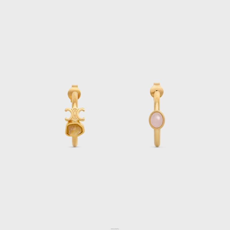 CELINE Gold/Quartz Rutile/Pink Qu Triomphe Indie Hoops in Brass With Gold Finish, Rutilated Quartz & Pink Quartz R0ZNN1288
